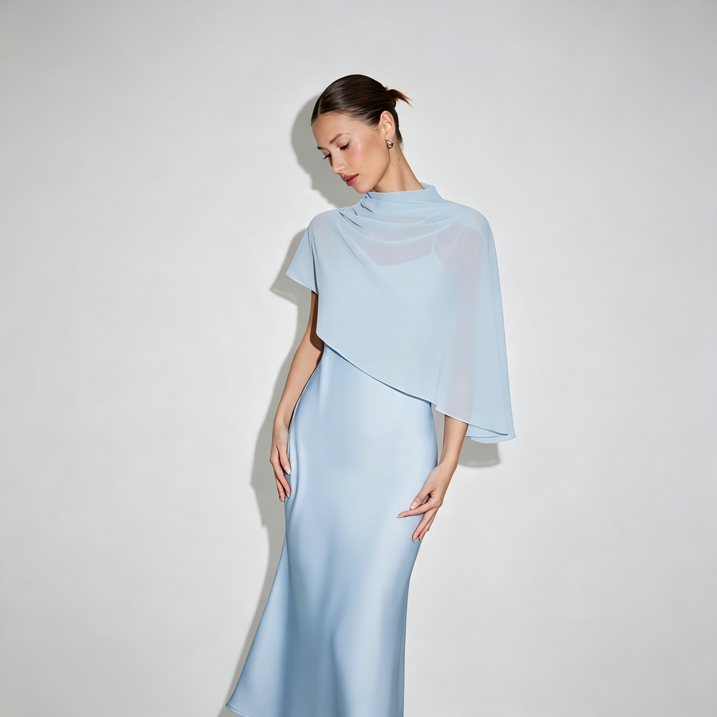 ZARONOVA Satin High Neck Cape Sleeve Maxi Dress