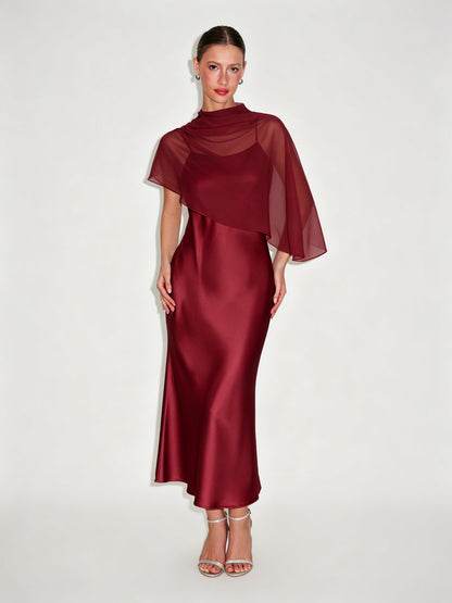 ZARONOVA Satin High Neck Cape Sleeve Maxi Dress