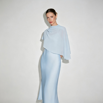 ZARONOVA Satin High Neck Cape Sleeve Maxi Dress