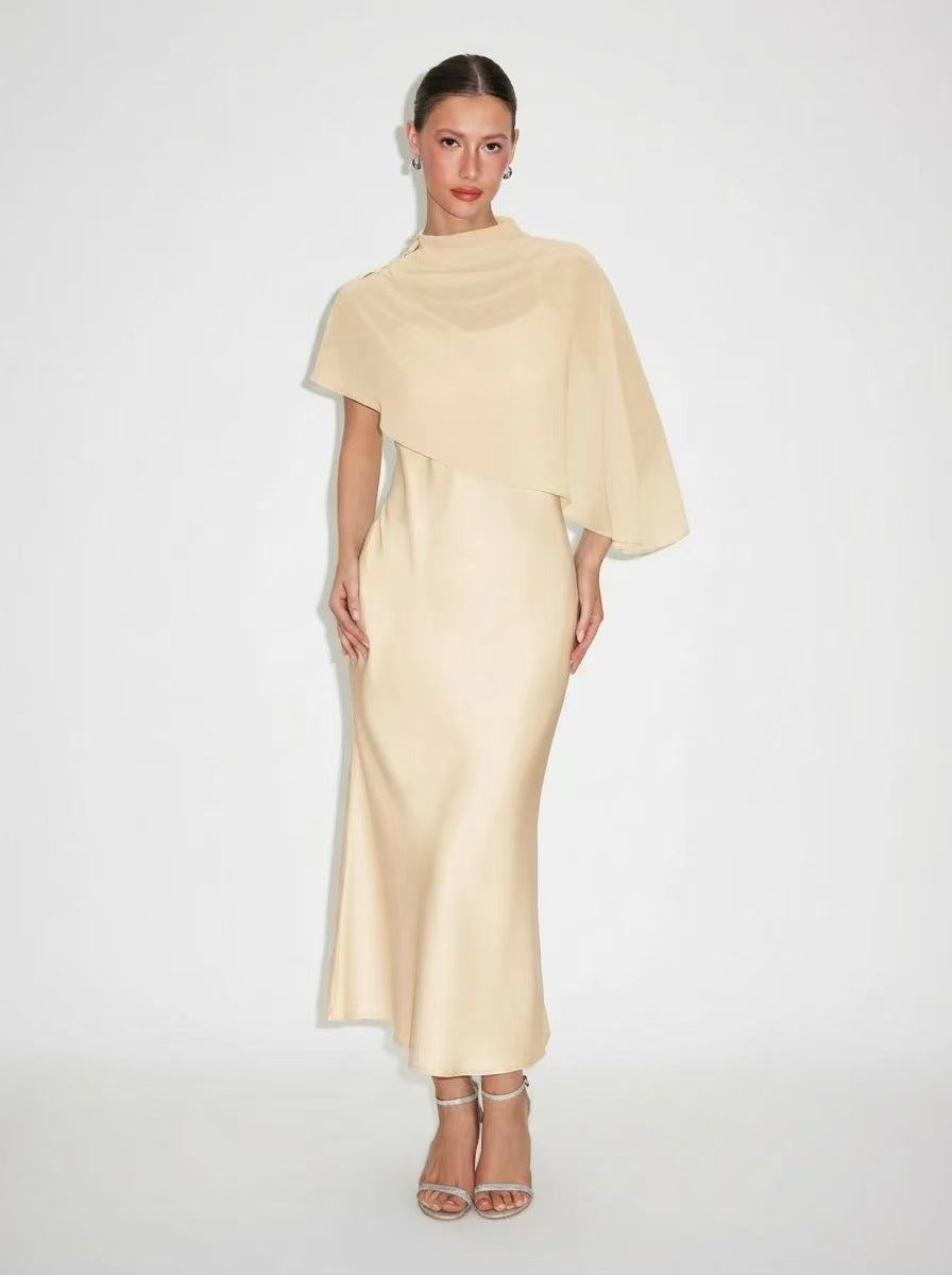ZARONOVA Satin High Neck Cape Sleeve Maxi Dress