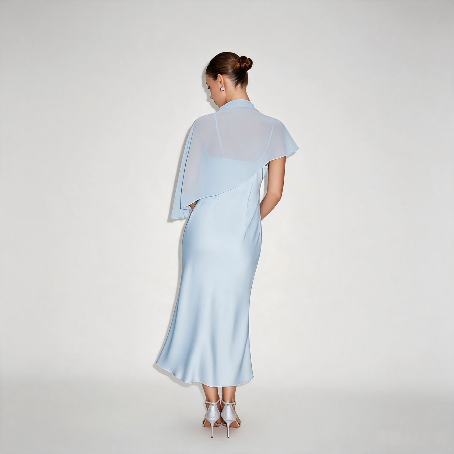 ZARONOVA Satin High Neck Cape Sleeve Maxi Dress