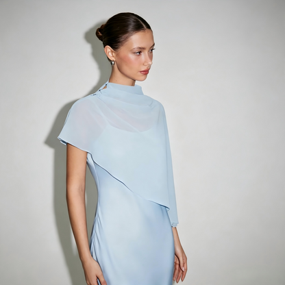 ZARONOVA Satin High Neck Cape Sleeve Maxi Dress