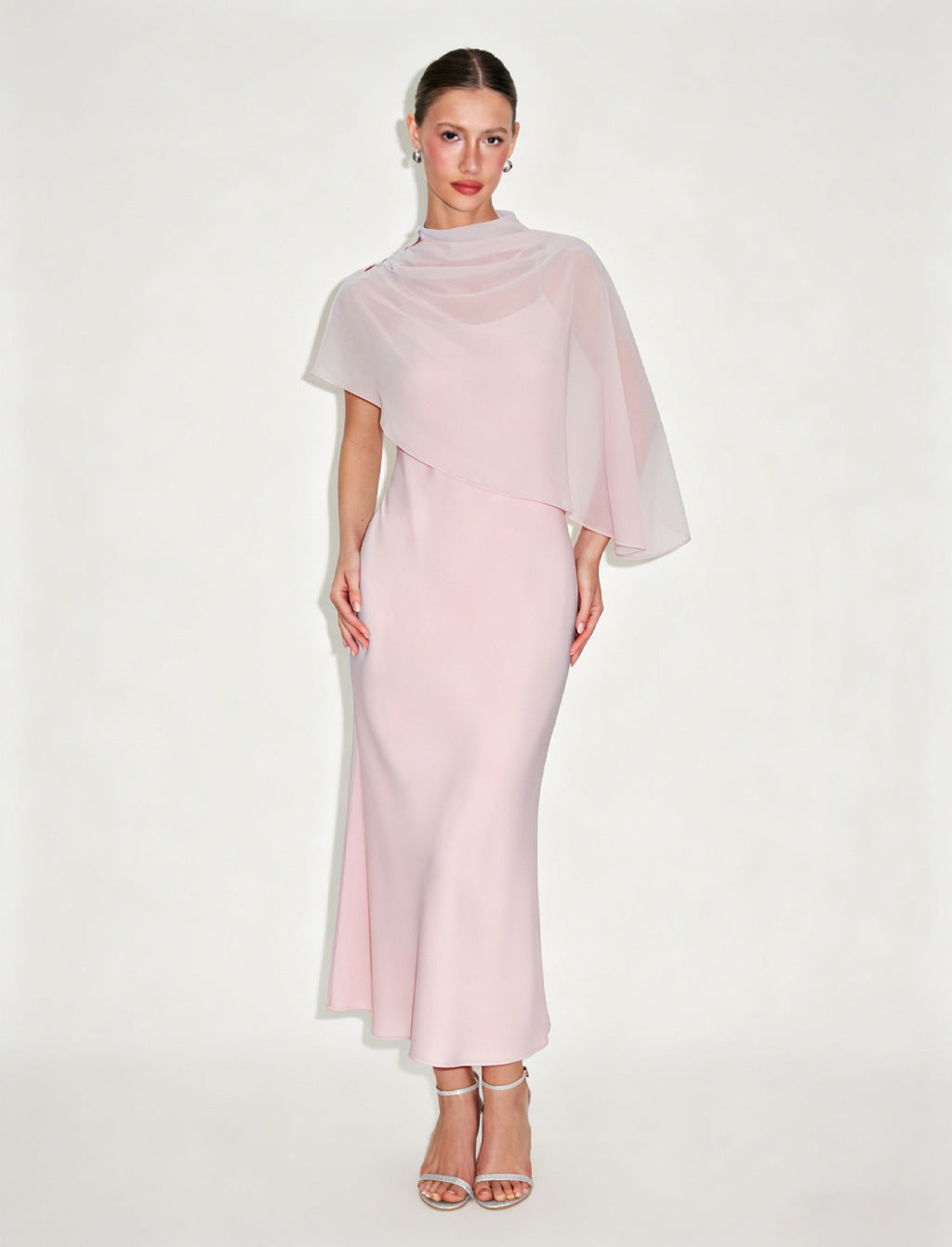 ZARONOVA Satin High Neck Cape Sleeve Maxi Dress