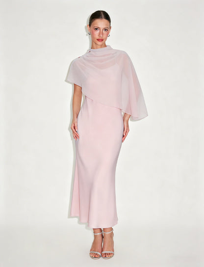 ZARONOVA Satin High Neck Cape Sleeve Maxi Dress