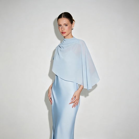 ZARONOVA Satin High Neck Cape Sleeve Maxi Dress